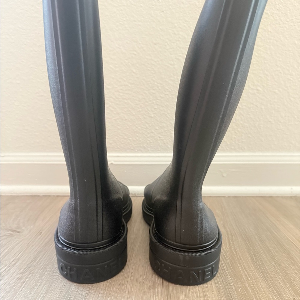 CHANEL Rubber Rain Boots - Black with White Logo and Burgundy Interior - Picture 8 of 8